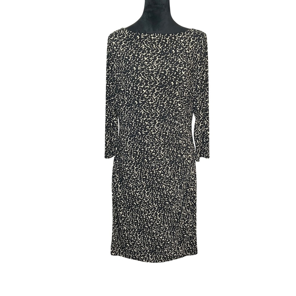 Lauren Ralph Lauren 3/4 Sleeve Knee Length Black Brown Printed Shift Dress SZ 12